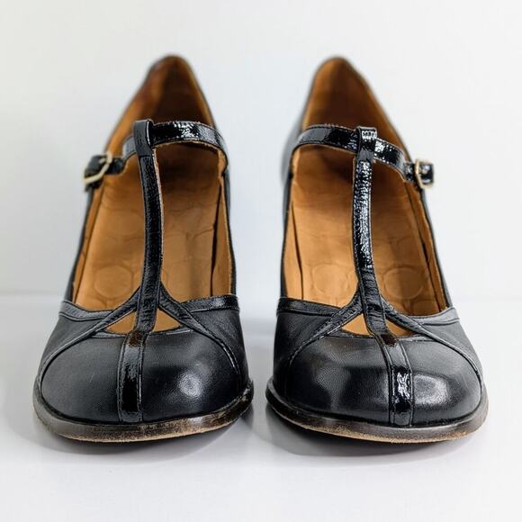 Chie Mihara T-Strap Heels 40 Black Green Snakeskin Accent Retro Glam Pinup Shoes - Picture 5 of 15